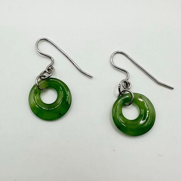 Jade Neophrite Dangle Drop Donut Round Earrings Green Silver Handcrafted - Picture 1 of 5